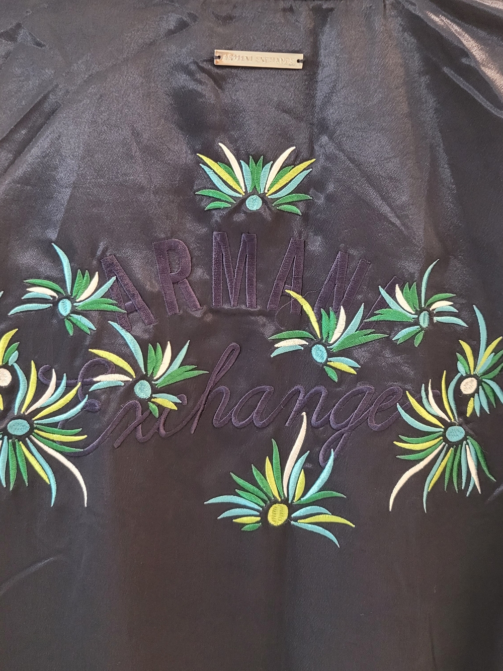 Armani Exchange Black Satin Floral-Embroidered Long Dress Xs Oversized - Picture 7 of 16